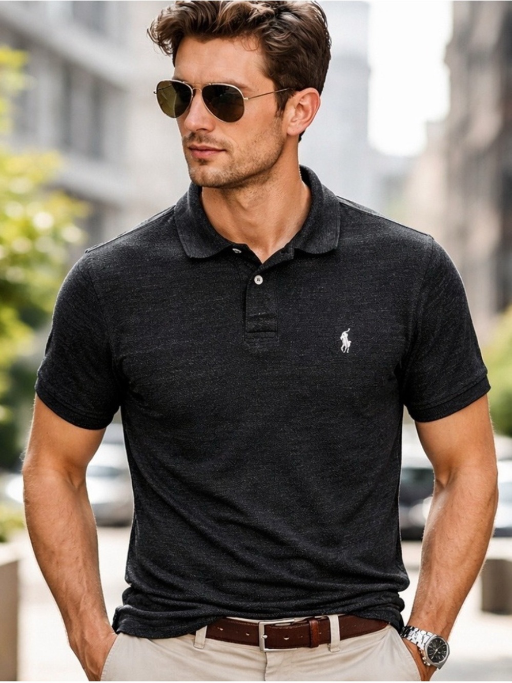 Polo Ralph Lauren 100% Cotton Slim Fit Heathered Charcoal Gray Polo Shirt Size L